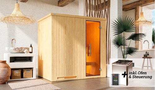 Weka Elementsauna Halmstad BioS mit Glastür und 7,5 kW Sparset, braun/grau, B/H/T: 194 x 199 x 144 cm - Bild 1