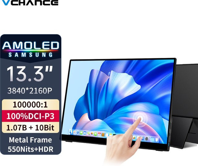 VCHANCE Tragbarer 13,3 Zoll 4K UHD OLED Monitor mit Touchscreen und Metallrahmen in Schwarz für Laptop, Xbox, Nintendo Switch und PlayStation - Bild 1