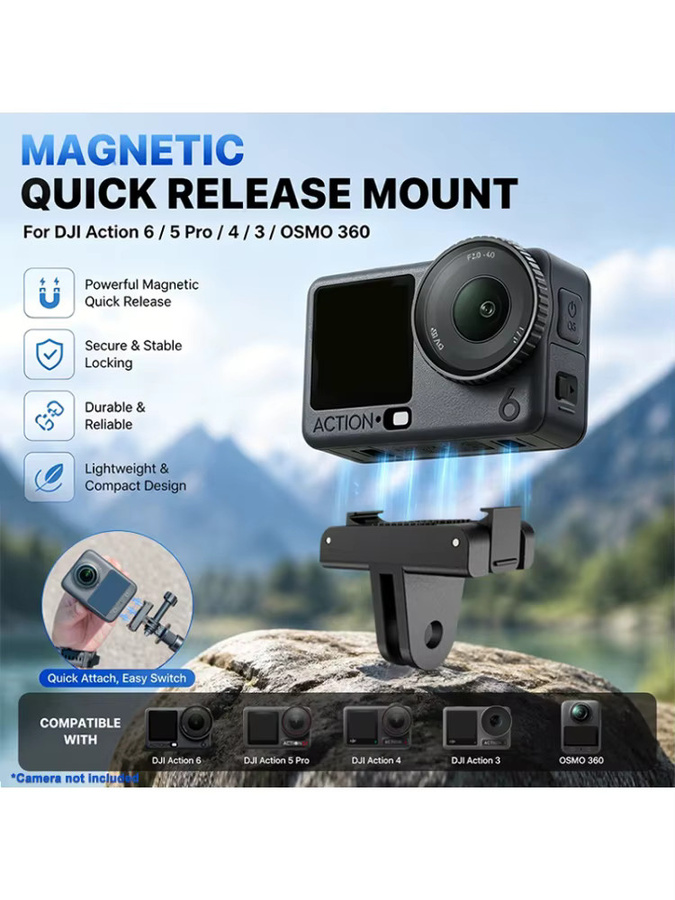 Magnetischer Schnellwechseladapter für DJI Action 6 / 5 Pro / 4 / 3 und OSMO 360, faltbarer Schnellverschluss-Halterungsadapter in Schwarz - Bild 5