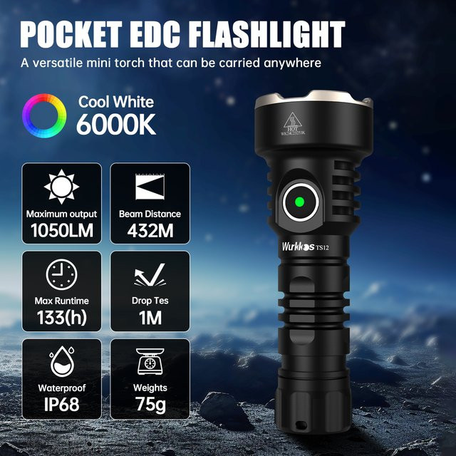 Wurkkos TS12 Mini-LED-Taschenlampe, 1050 Lumen, Schwarz, wiederaufladbar mit Magnet und IP68 wasserdicht - Bild 1