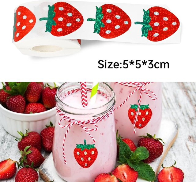 500 Stück Erdbeere Holographische Etiketten in Rot als dekorative Aufkleber für Scrapbooking und Geschenkeinpackungen - Bild 1