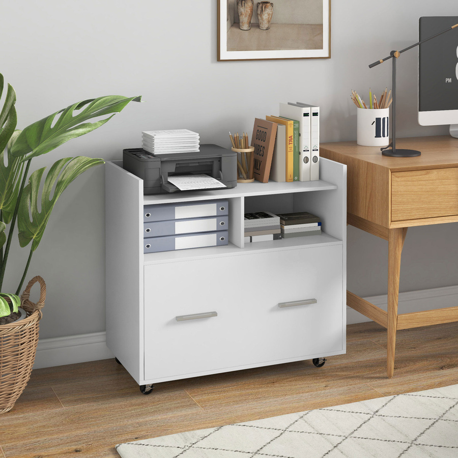 HOMCOM Druckerwagen in Weiß mit Feststellrollen, Druckerschrank mit großer Schublade, offener Ablage und verstellbarer Leiste für Büro und Arbeitszimmer, B/T/H: 76 x 40 x 75,5 cm - Bild 2
