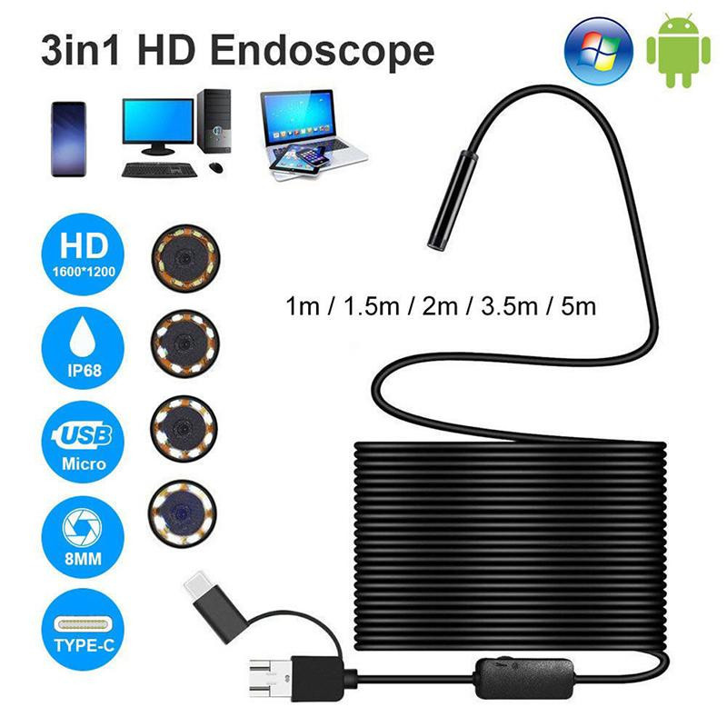 Calia 3 in 1 USB Typ-C Endoskop Inspektionsboreskop mit HD-Kamera IP68 in Schwarz - Bild 2