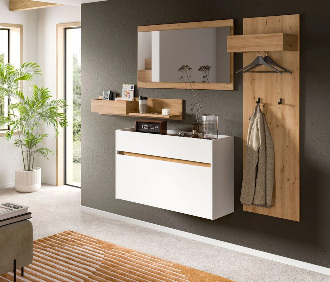 4-tlg. Garderobe Set Borga von Inn.Furn in Weiß und Eiche mit Spiegel, Bank, Schuhschrank und Paneel, Höhe: 205 cm - Bild 2