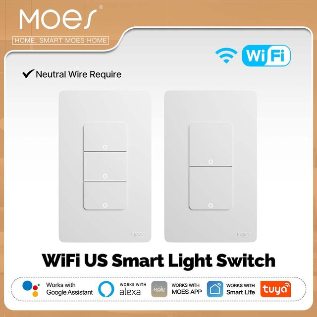 MOES Tuya Wi-Fi Smart Lichtschalter, einpoliger Druckknopf-Wandschalter in Weiß, benötigt Neutralleiter, kompatibel mit Amazon Alexa und Google Assistant - Bild 1