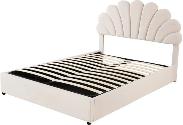okwish Polsterbett aus Samt in Beige mit höhenverstellbarem Kopfteil und hydraulischem Stauraum für Kinder, B/T/H: 140 x 200 x 119 cm - Bild 1