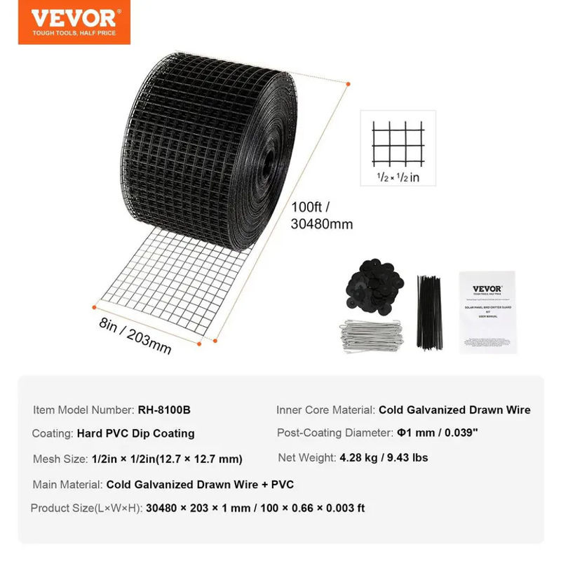 Buying Solutions Solarpanel-Vogelschutz und Nagetierschutz Rollen-Kit in Schwarz mit 100 Aluminiumlegierungs-Befestigungselementen und PVC-Beschichtung, B/H: 30,48 x 203 cm - Bild 10