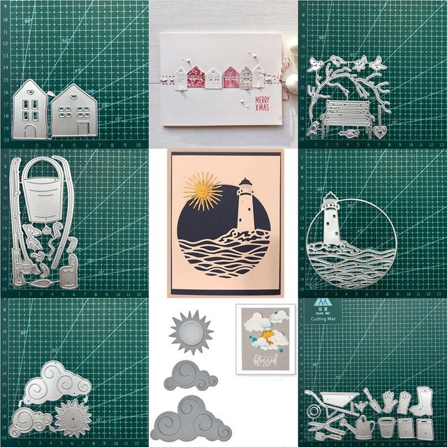 Dekorative Metall-Prägestempel für Scrapbooking und DIY-Projekte mit Motiven wie Haus, Leuchtturm, Wolke, Mond und Sonne - Bild 1