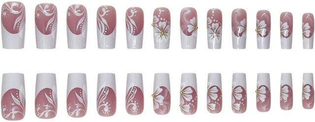 OTRESS Press-On Nägel, 24 Stück, Weißes Französisches Gradienten-Blumenmuster, Goldperlen-Design, Gray - Bild 1
