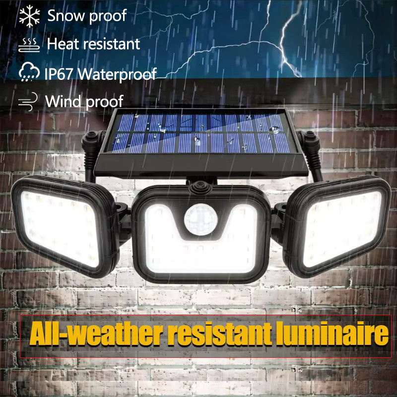 DOUWENXI Solarleuchte mit 74 LED und 3 Köpfen, Bewegungssensor-Wandlampe mit einstellbarer Helligkeit für Außenbereiche wie Haustür, Garage oder Hof - Bild 3