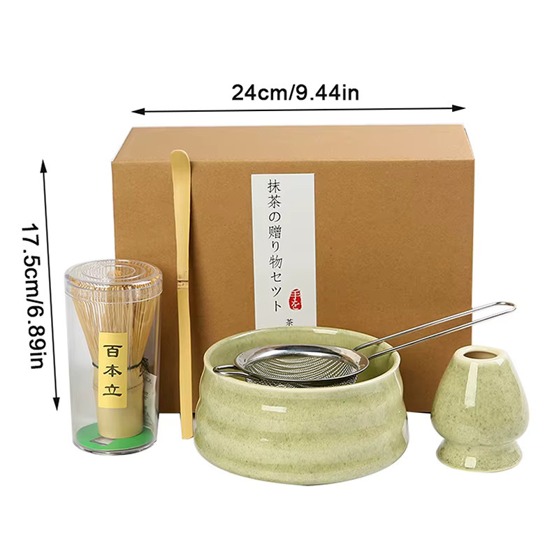 Japanisches Matcha Tee-Set aus Keramik und Bambus in Grün mit Schüssel, Schneebesen, Sieb und Teelöffel - Bild 4