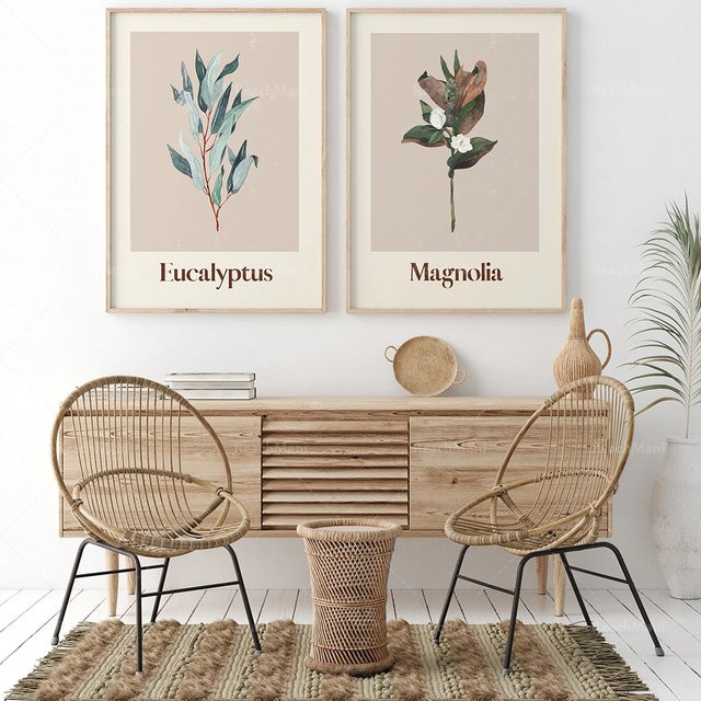 Potdemiel Wandkunst Poster mit Magnolien und Eukalyptus in Mehrfarbig, Botanische Blumenposter aus Papier für deine Heimdekoration - Bild 1