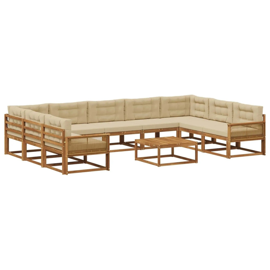 vidaXL Outdoor-Sofagarnitur in L-Form aus massivem Akazienholz mit 10 Kissen, Farbe Natur-Beige und Braun - Bild 2