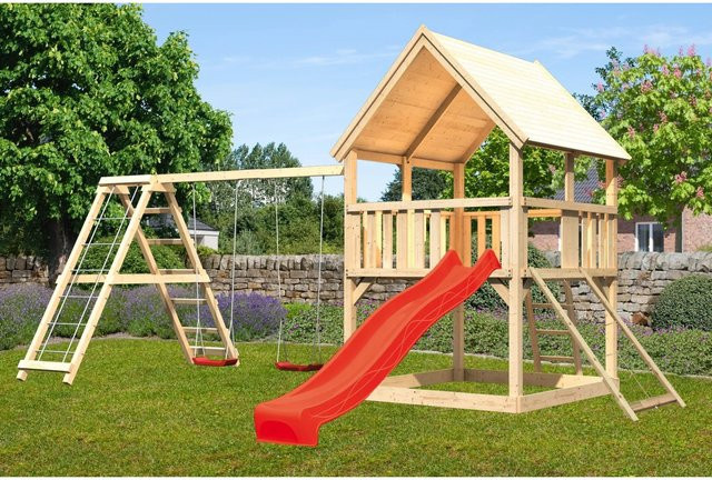 Karibu Spielturm Luis Doppelschaukel mit Klettergerüst, Netzrampe und Rutsche in Rot - Bild 1