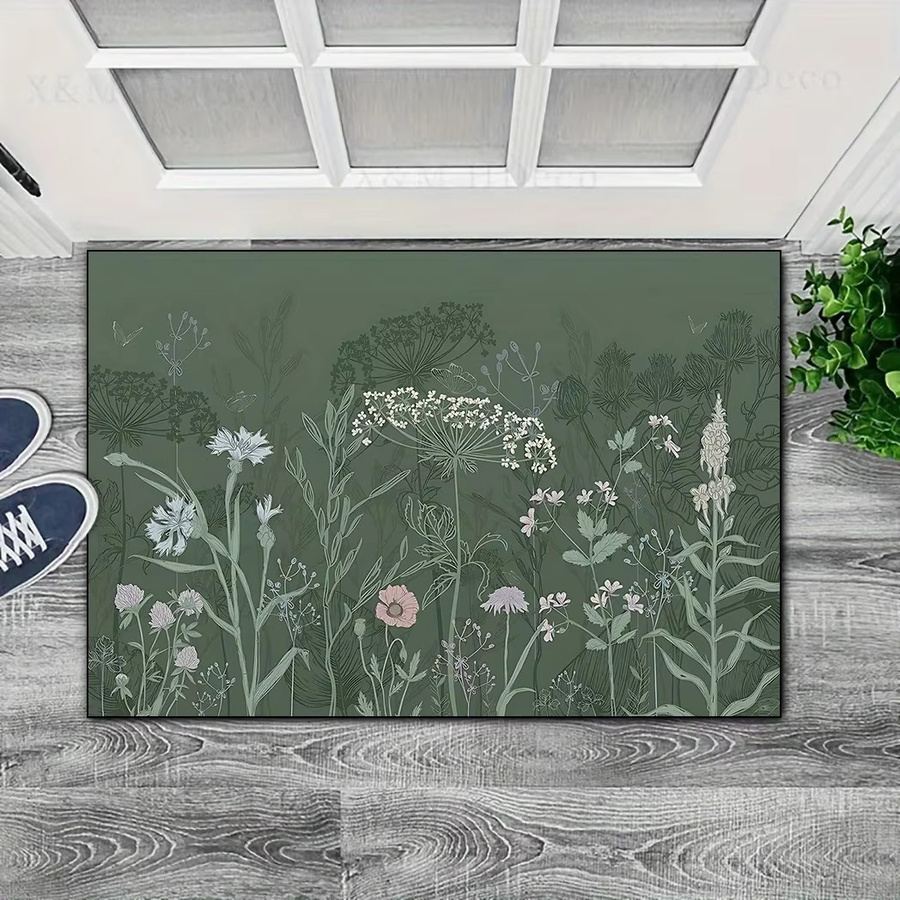 VIKAMA Blumen-Teppich mit Tintenmalerei-Design in Grün, rechteckige Outdoor- und Indoor-Fußmatte für Wohnzimmer, Schlafzimmer oder Garten, B/T: 60 x 40 cm - Bild 1