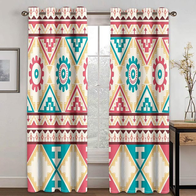 Zweiteiliges Vorhangset im Bohemian-Stil mit traditionellem äthiopischem Designmuster in Schwarz-Weiß, halbtransparent, mit Ösen, Breite: 60 cm, Höhe: 60 cm - Bild 1
