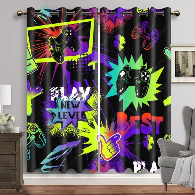 Cartoon Gamepad Verdunklungsvorhänge für Videospiel-Fans, Graffiti Design, Mehrfarbig, B: 60 cm x H: 60 cm, 2 Stück - Bild 1