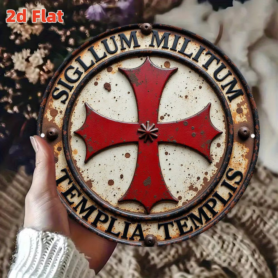 Hello Young Templerorden Mittelalterliches Emblem Metallschild Sigillum Militum Templarii in Rot, runde Aluminium-Wanddekoration im Vintage-Stil, Durchmesser: 20 cm - Bild 5