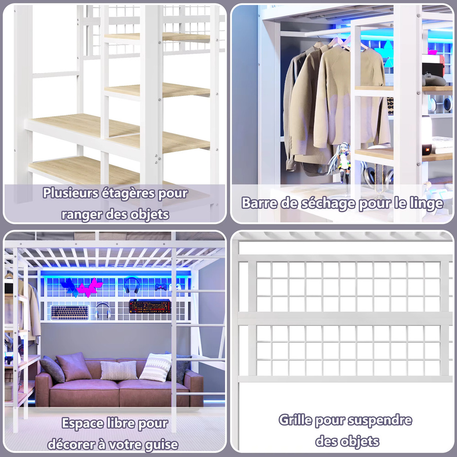 Modernes Hochbett mit L-förmigem Schreibtisch in Weiß, inklusive LED-Beleuchtung, Ladestation, Ablagefächern und Stoffschubladen, B/T/H: 140 x 200 cm - Bild 2