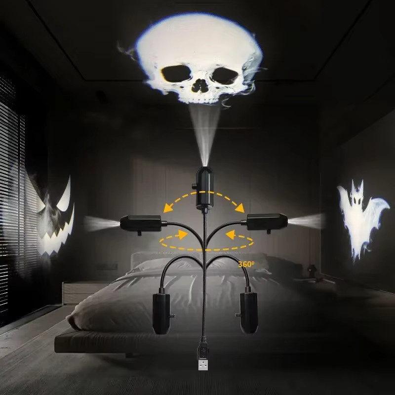 LINYILIGHT Projektionslicht USB Nachtlicht mit umschaltbaren Mustern Planet Mond Totenkopf Geist in Schwarz - Bild 4