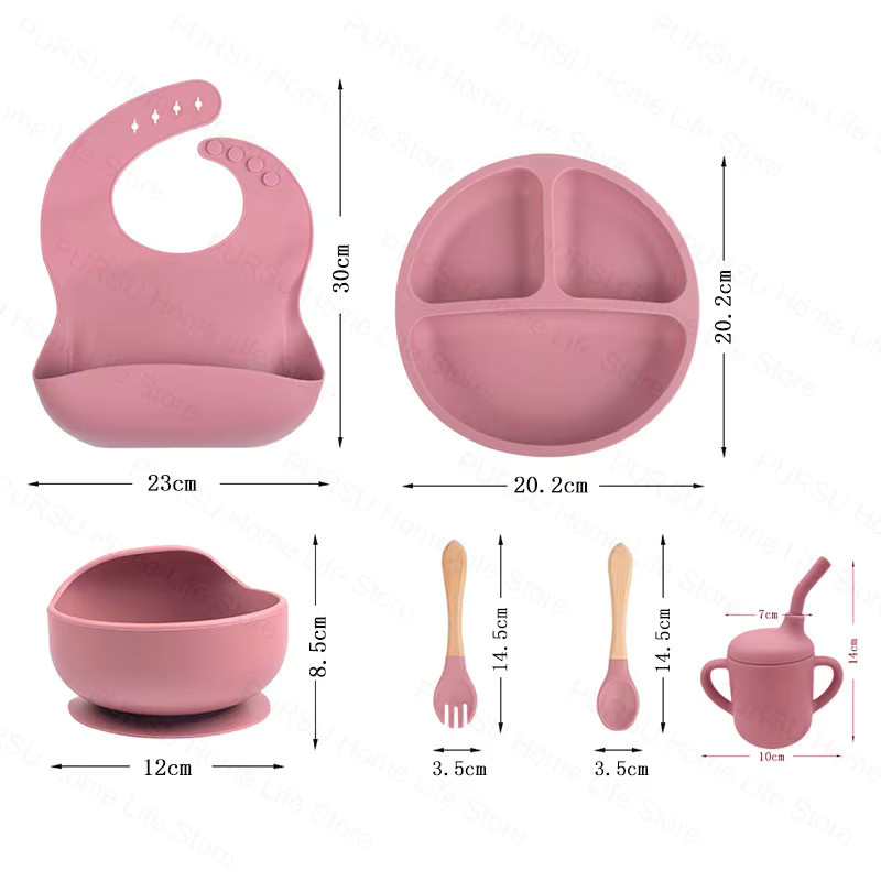 6-teiliges Silikon Geschirr Set für Babys und Kinder in Blau mit Schüsseln, Tellern, Löffeln, Gabeln, Lätzchen und Tassen zum Mahlzeit Training - Bild 2