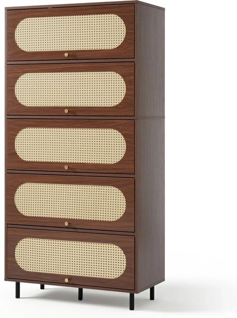 Merax Hochschrank Nussbaum Rattan im Mid-Century Design mit 5 Klappen, Farbe Braun, H x B x T: 163 x 80 x 40 cm - Bild 1