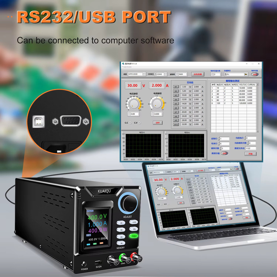 KUAIQU Programmierbares Hochspannungs-Schaltnetzteil mit USB und RS232, 400V, 1A, 400W, Schwarz - Bild 3