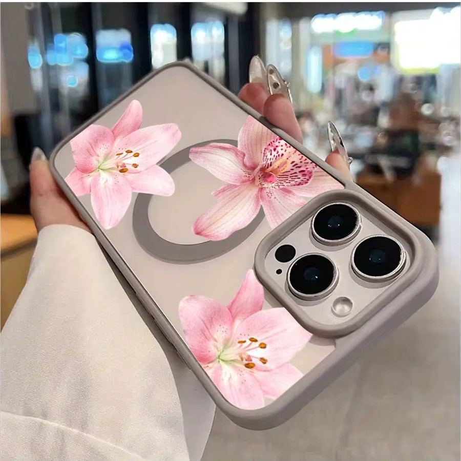 Magnetische iPhone Handyhülle mit rosa Blumenlilie-Orchideenmuster für Apple iPhone 17, 16, 15, 14, 13, 12, 11 und Pro Max Modelle in Pink und Schwarz - Bild 3