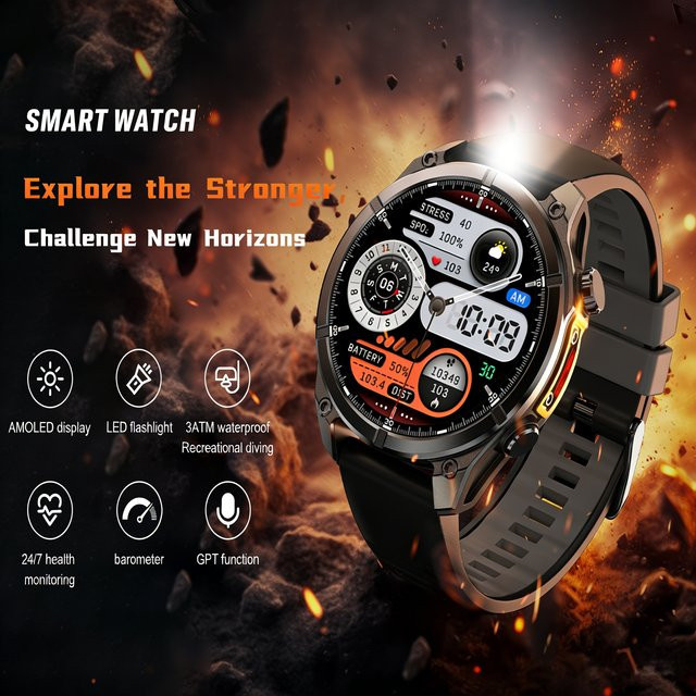 LAUSEVENFJ HD300 Smartwatch mit AMOLED Display, Bluetooth Anruffunktion, AI GPT Chat und wasserdichtem Design in Schwarz - Bild 1
