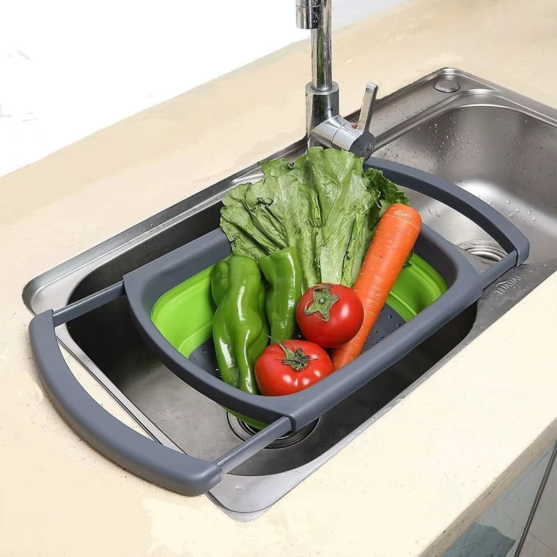 Zusammenklappbarer rechteckiger Silikon-Abflusskorb von MYVIT in Grün als einziehbarer Wasserfilterkorb für Obst und Gemüse - Bild 4