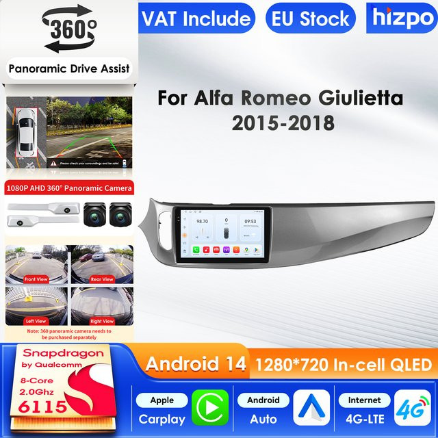 Hizpo Android 14 Auto-Multimedia-Player für Alfa Romeo Giulietta 2015–2018 mit Carplay, 4G und 360 Grad Kamera in Schwarz - Bild 1