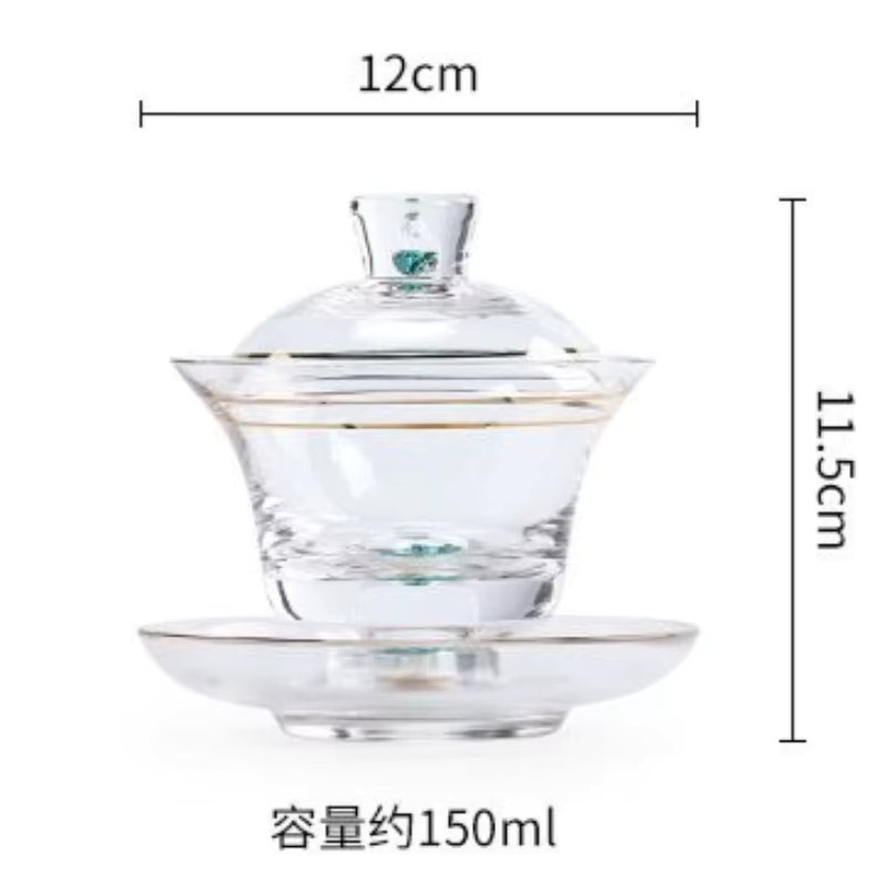 Luxuriöses Teeschalen-Set aus transparentem Glas in Türkis mit goldbemaltem Deckel und Drei-Talente-Motiv - Bild 4