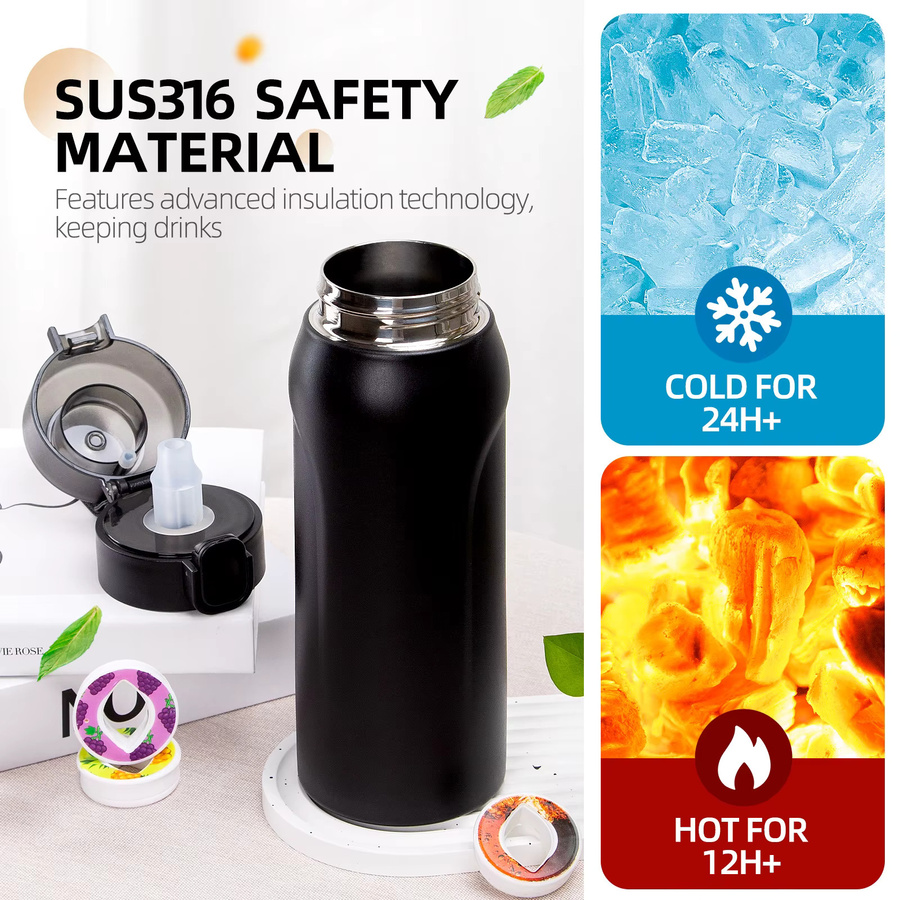 YOCITY Edelstahl-Thermosbecher in Schwarz mit 750 ml Fassungsvermögen, vakuumisolierter Tumbler und Sport-Vakuumflasche mit Flip-Verschluss - Bild 4
