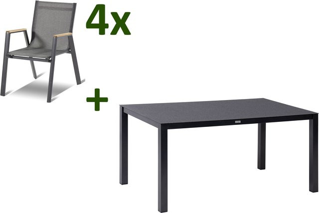 Hartman Aruba Garten-Essgruppe aus Aluminium, Spraystone und Teak in Anthrazit mit 4 Stapelsesseln und ausziehbarer rechteckiger Tafel, B: 160 cm, T: 95 cm, H: 74 cm - Bild 1