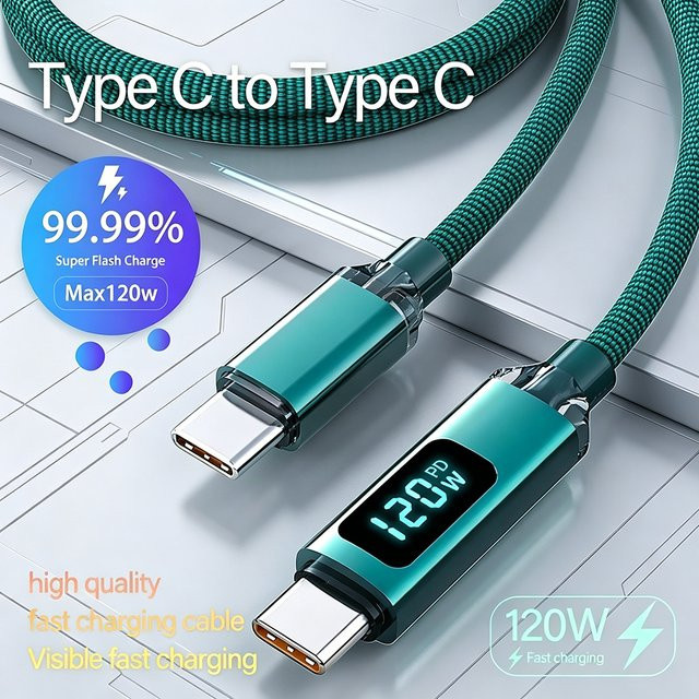Einziehbares USB-C Spiralkabel 120W 6A Schnellladekabel und Datenkabel in Blau für iPhone Samsung Xiaomi Huawei Typ-C Geräte - Bild 1