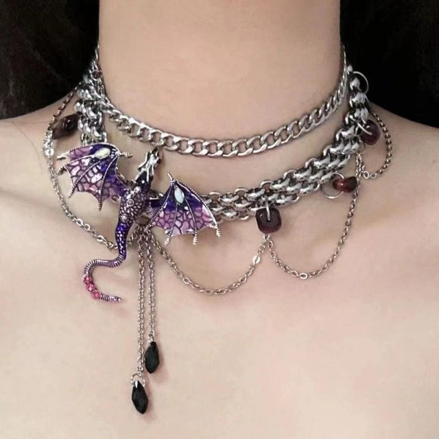 YIRAN Choker Halskette, Fliegender Drache, Kristall, Metall, gray, Damen - Bild 1