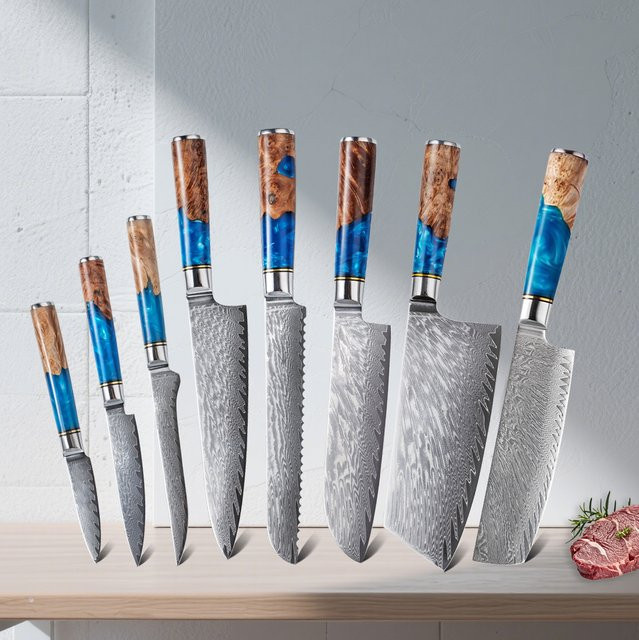 Baovim Küchenmesser-Set aus Damaszener Stahl mit blauem Harzgriff bestehend aus Kochmesser, Hackmesser, Schälmesser und Brotmesser - Bild 1