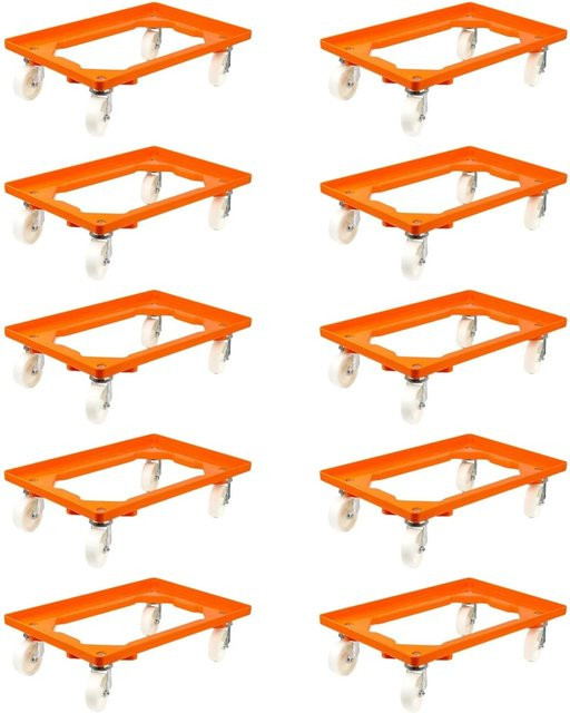PROREGAL SparSet 10x Transportroller für Euroboxen in Orange mit Kunststoffrädern, 2 Lenkrollen und 2 Bremsrollen, Traglast 300 kg, B/T: 60 x 40 cm - Bild 1