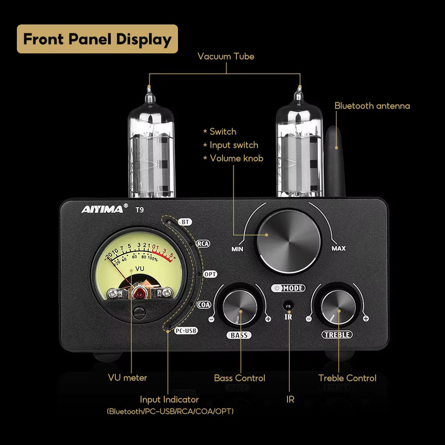 AIYIMA T9 HiFi Bluetooth 5.0 Röhrenverstärker mit USB DAC und VU-Meter in Schwarz - Bild 3