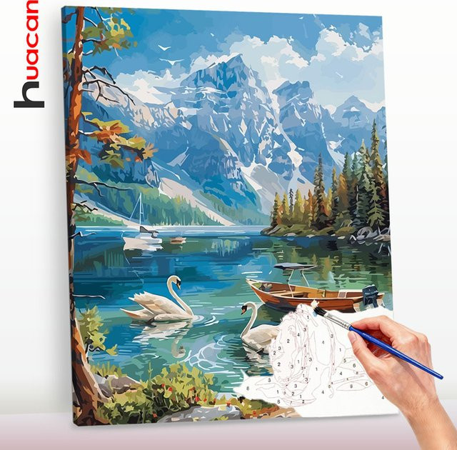 Huacan Schwanensee Landschafts-Set, Malen nach Zahlen, Leinwand, Bunt - Bild 1