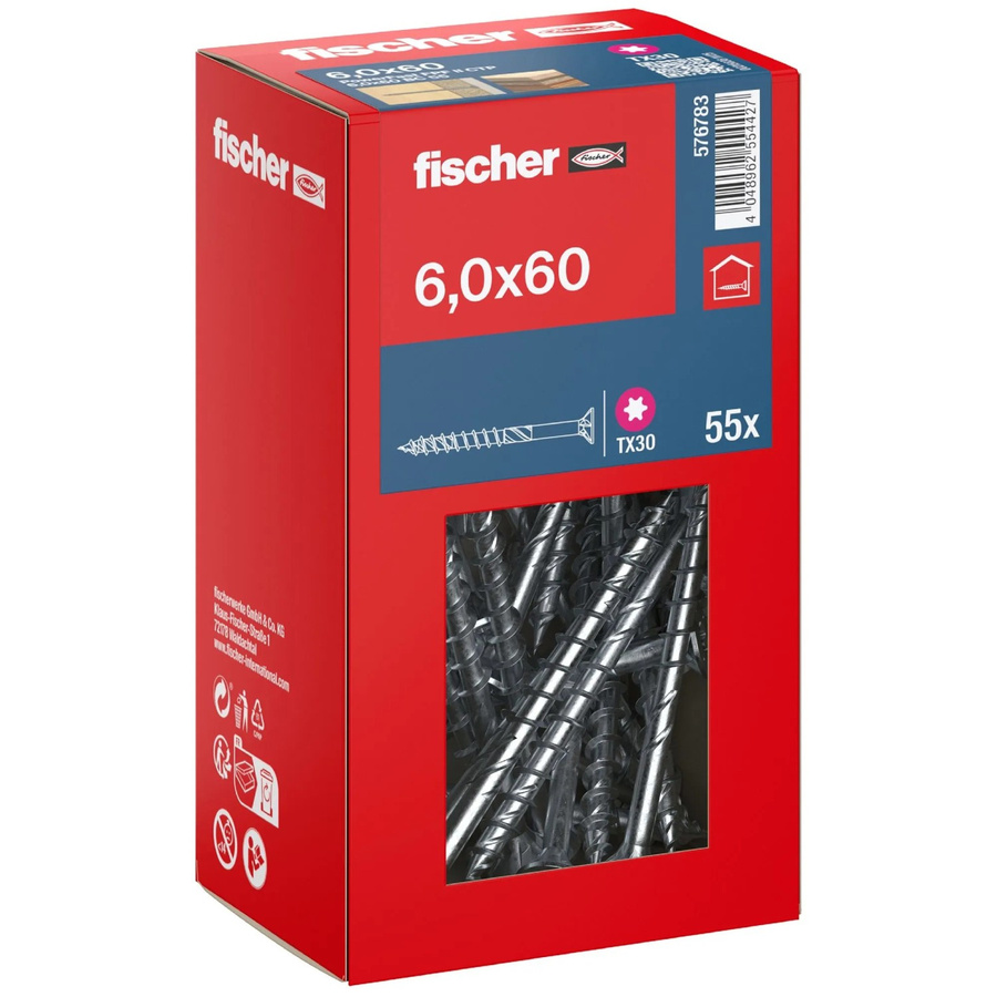 Fischer PowerFast II Senkkopf Schraube mit Torx-Antrieb und Teilgewinde aus verzinktem Stahl, Farbe: Silber/Blau, Durchmesser: 6 mm, Länge: 60 mm, 55 Stück - Bild 2