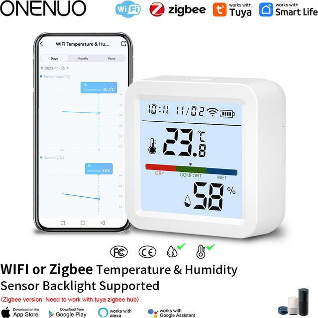 Onenuo Smart Home Temperatur und Feuchtigkeit Sensor Hygrometer mit Hintergrundbeleuchtung, WiFi und Zigbee, Weiß, kompatibel mit Smart Life, Alexa und Google Home - Bild 1