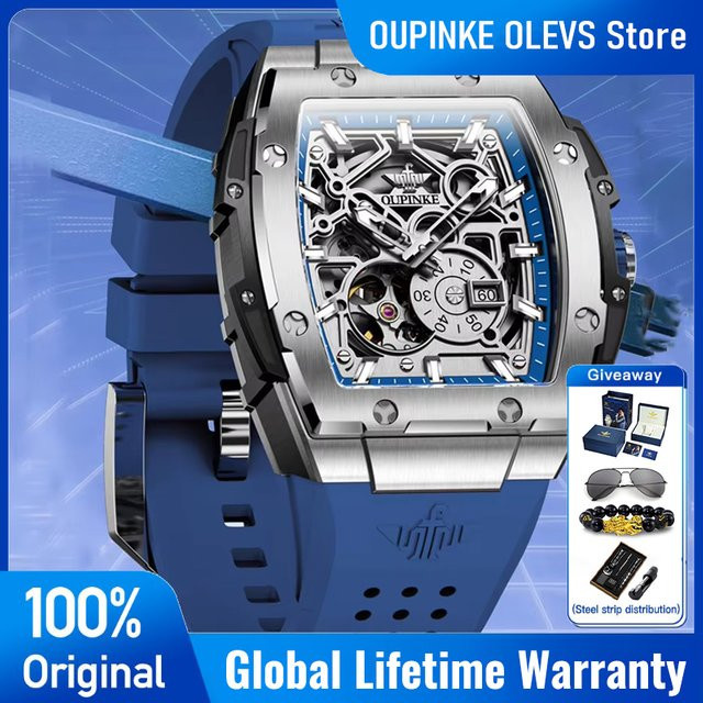 OUPINKE Herrenuhr, Automatik, Skelett, Saphirglas, Silikonarmband, Blau, 5 ATM - Bild 1