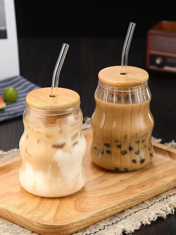 YWDL Glasbecher mit Bambusdeckel und Strohhalm, transparenter Tumbler für Saft, Kaffee oder Milch, 500 ml - Bild 6