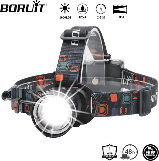 BOIRUiT RJ-2166 Zoom-LED-Stirnlampe in Schwarz mit 1000 lm und AA-Batteriebetrieb - Bild 1