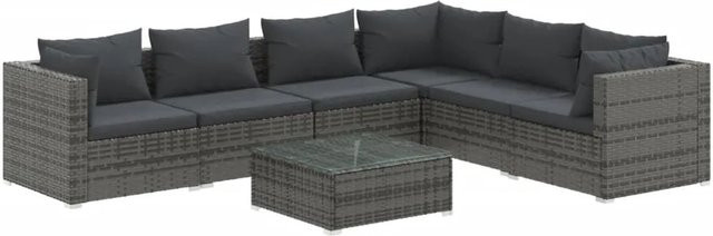 vidaXL 7-tlg Garten-Lounge-Set L-Form aus Poly-Rattan in Grau-Anthrazit mit Kissen und Couchtisch - Bild 1