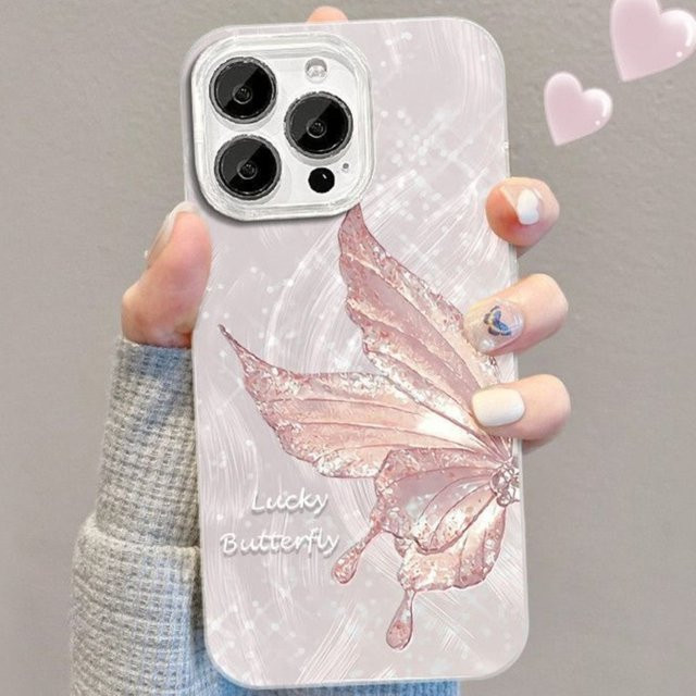Glitzernde iPhone Handyhülle im Y2K Schmetterlings-Design in Rosa und Transparent für Apple iPhone 17 16 15 14 13 12 11 Pro Max - Bild 1
