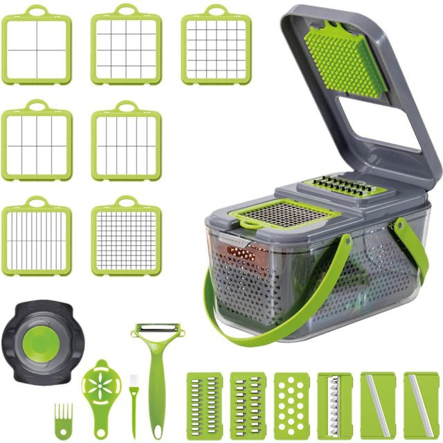 TOMTOP JMS 22-in-1 Multifunktions-Gemüsehacker und manueller Zerkleinerer mit Mandoline und Behälter, Grau - Bild 1