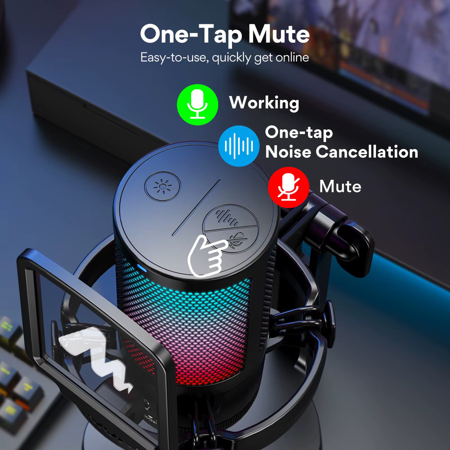 Maono DGM20 USB-Gaming-Mikrofon in Schwarz mit RGB-Beleuchtung für PC, Streaming und Podcasts mit Geräuschunterdrückung und Tap-to-Mute-Funktion - Bild 5