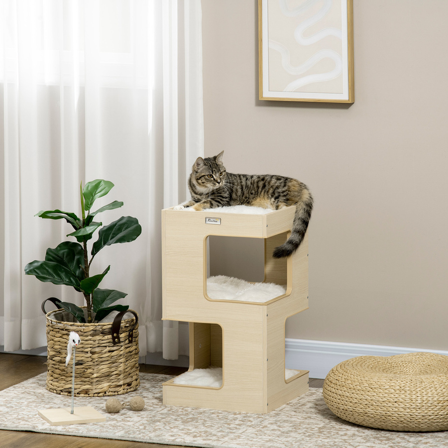 PawHut Katzenhöhle 3-stufiger Katzenschrank aus Eiche mit Kissen und integriertem Spielzeug, Farbe: Braun/Beige, B/T/H: 34 x 34 x 60 cm - Bild 2